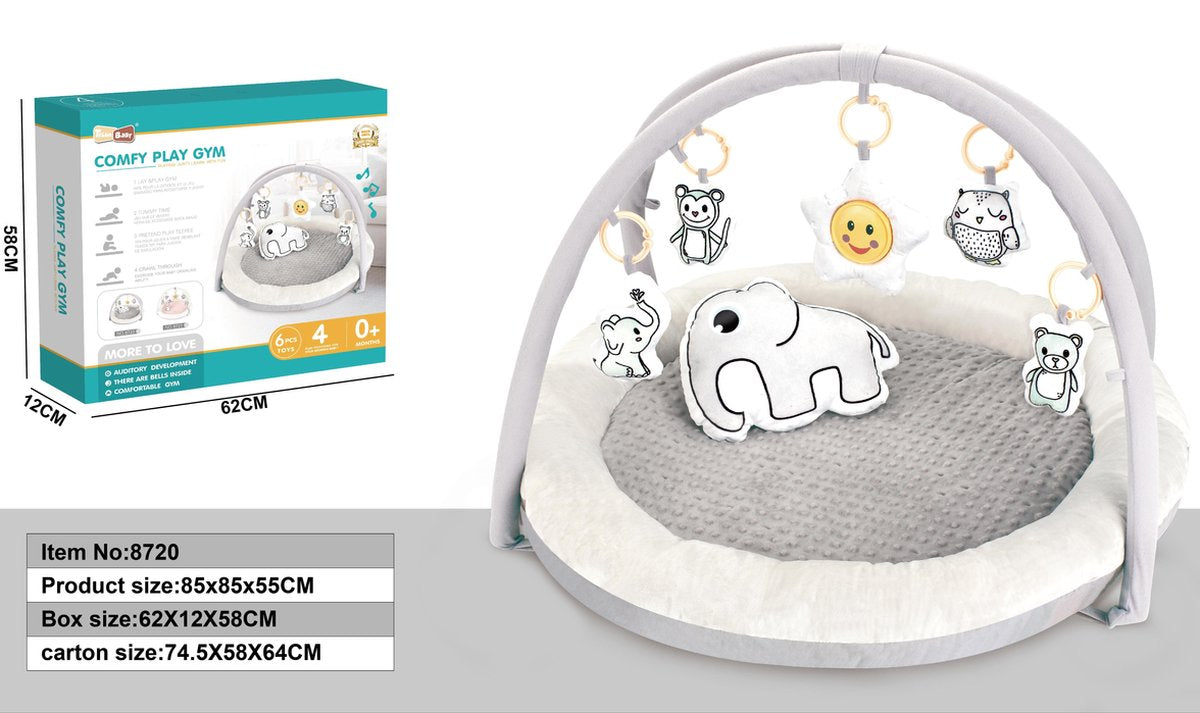 Fuegobird Babygym - 4-in-1 Spielmatte mit Sound & weichen Materialien - 85 x 85 x 55 cm - Grau