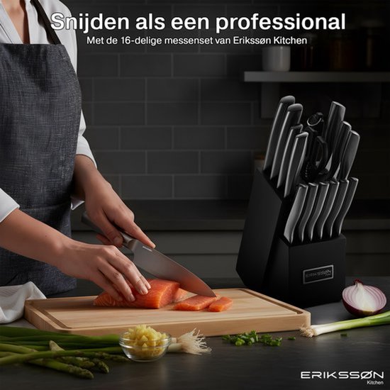 Erikssøn Kitchen 16-teiliges Messerset mit Messerblock – BPA- und PFAS-frei – mit Block, Messerschärfer und Schere – Küchenmesser – Kochmesser – Fleischmesser – kratzfest – 3Cr13-Edelstahl – schwarz