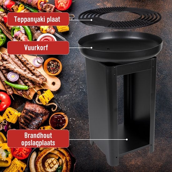 BBQ Collection - 3-in-1 Teppanyaki Grillplatte, BBQ, Feuerstelle - 61 x 90 cm - mit Brennholzaufbewahrung - Edelstahl Schwarz