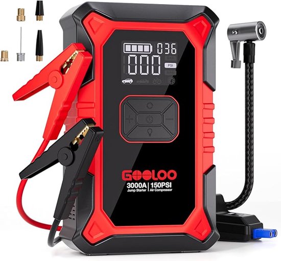 GOOLOO A3 – Tragbarer Starthilfe-Akku mit Kompressor und Powerbank – 3000 A – 12-V-Fahrzeuge – USB-Schnellladung – Kompaktes Design – LED-Taschenlampe – Für Auto, Motorrad und Boot