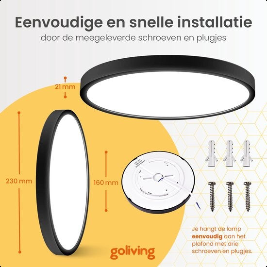 Goliving Deckenleuchte - Deckenleuchte - Led - Extra dünn - Warmweißes Licht - Schlafzimmer - Badezimmer - Wohnzimmer - Ã˜ 23cm - Schwarz