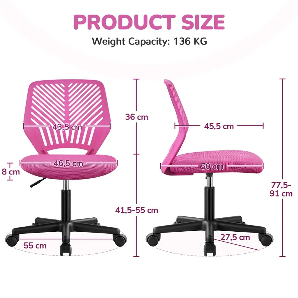 Yaheetech Bürostuhl, verstellbar, 50 x 55 x 79–92 cm – Rosa – Drehstuhl ohne Armlehnen
