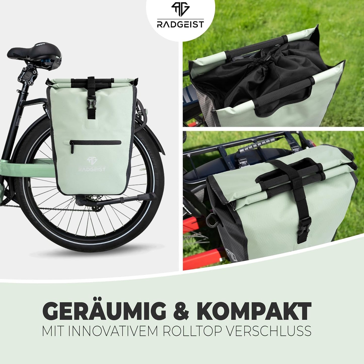 RADGEIST Fahrradtasche für Gepäckträger - Mit herausnehmbarer Kühltasche - 22-28 Liter - Grün