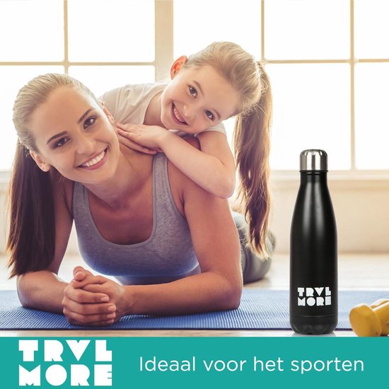 TravelMore Edelstahl-Trinkflasche – Sport-Thermobecher – Wasserflasche mit Kühl- und Wärmeisolierung – Isolierte Trinkflasche – Auto – Fitness – Outdoor – Laufen – Erwachsene – BPA-frei – Doppelwandig – Stiel – Stahl – 500 ml – Schwarz