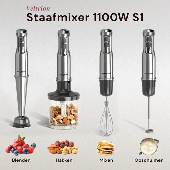 Stabmixer PRO 6-in-1-Set – 1100 W – Titan-Klingen – Kostenloser Spatel – Turbo-Funktion – Inkl. Zerkleinerer, Schneebesen, Milchaufschäumer und Messbecher – PFAS-frei