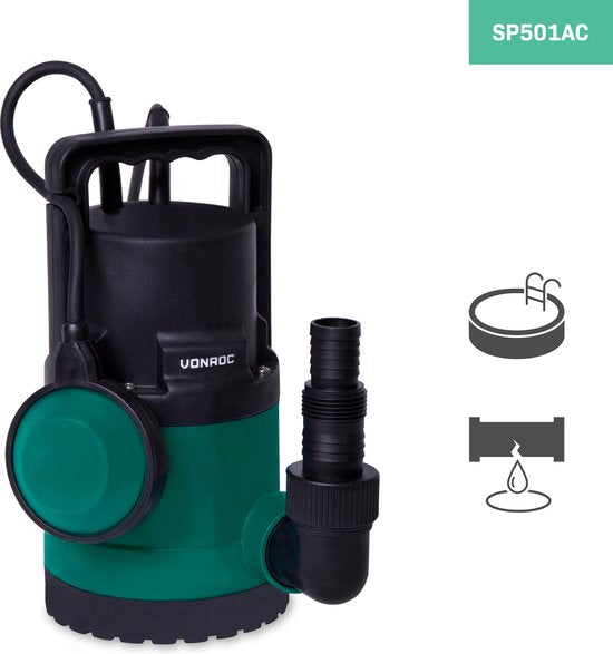 VONROC Tauchpumpe/Wasserpumpe 300W - 6500l/h - Für sauberes und leicht verschmutztes Wasser - Mit Schwimmer