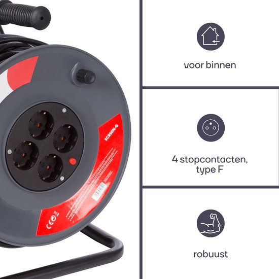 Perel Kabeltrommel, Innenbereich, 4 Steckdosen mit Schutzleiter, thermischer Schutz, Kabellänge 50 m, 3G1,5, grau