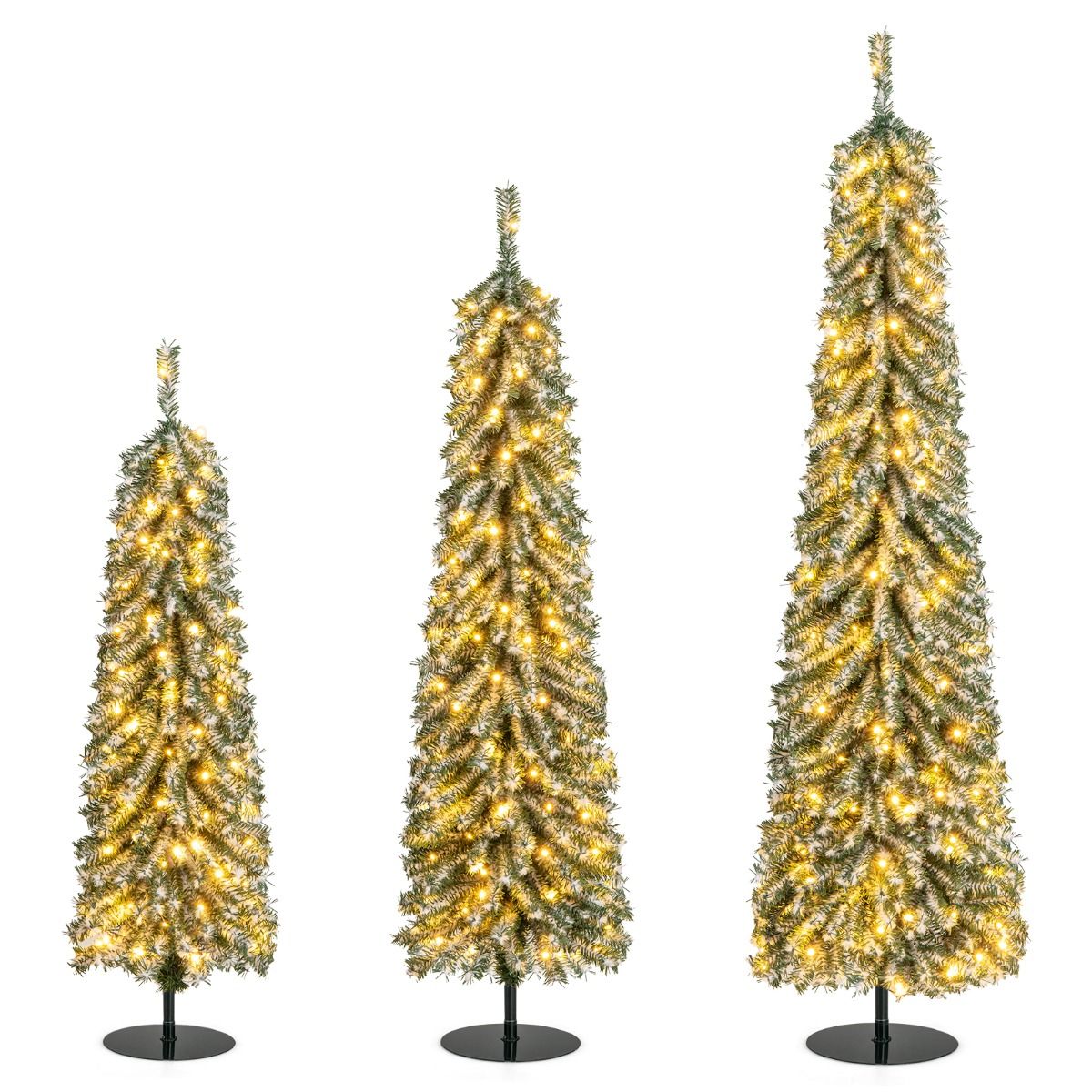 Coast Kunstweihnachtsbäume-Set – Bleistiftform – mit Kunstschnee und LED-Beleuchtung – 120/150/180 cm