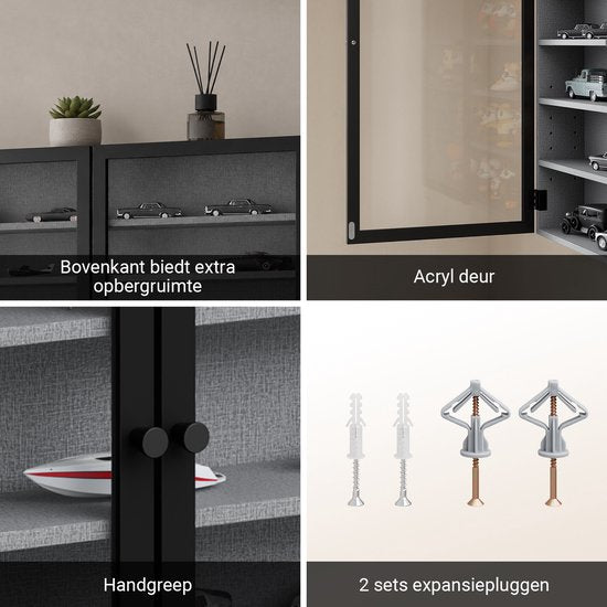 SoBuy Wandvitrine – 4 verstellbare Einlegeböden – Glastüren – 80 x 12,2 x 60 cm – Schwarz/Grau
