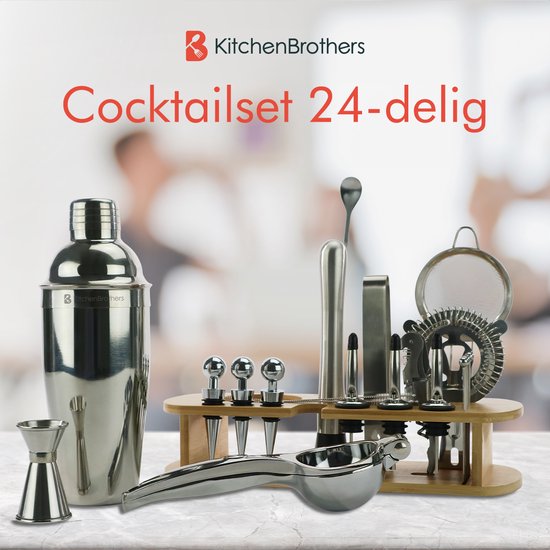 KitchenBrothers Cocktail Set - 25 Stück - Deluxe Set - Cocktail Shaker (750ml) - Dunkelbraun/Bambus - Mit Rezeptheft - Geschenkverpackung