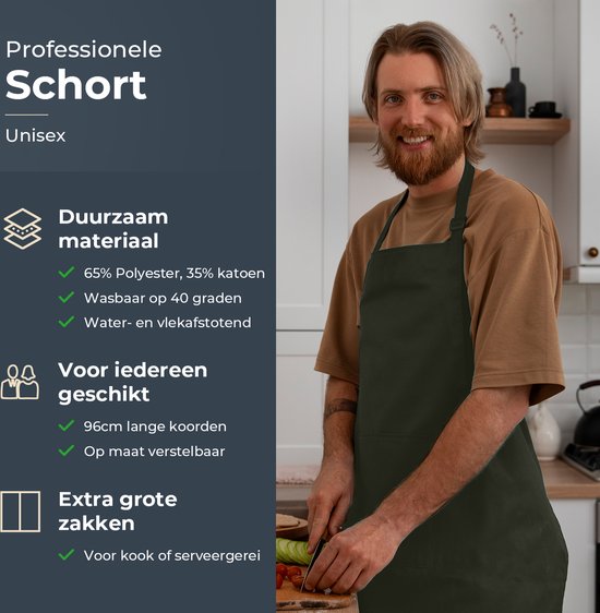 Küchenschürze - Wasser- und schmutzabweisend - Professionelle Kochschürze - Schürze für Frauen und Männer - Catering-Schürze - Unisex - Verstellbare Schnalle - Extra große Fächer - Grün