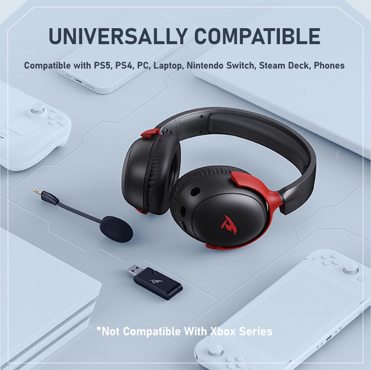 Kofire Picun G3 Wireless Gaming Headset - Over-Ear Kopfhörer mit Mikrofon - 53mm Treiber - 50 Stunden Akkulaufzeit - PC/PS4/PS5/Nintendo Switch/Xbox - Schwarz/Rot - 238g