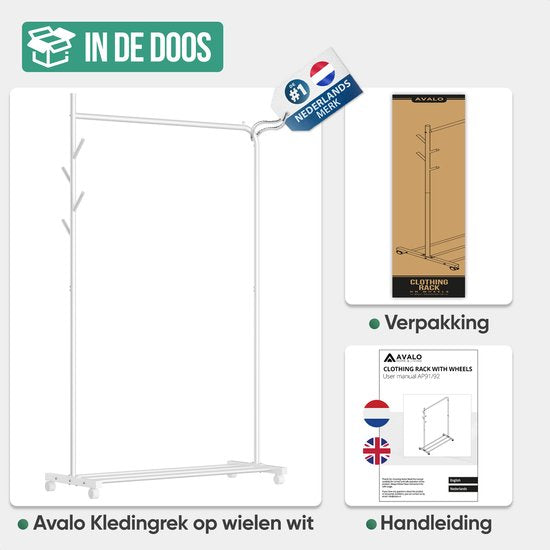 Avalo Kleiderständer auf Rädern Weiß - Metall - 100x40x156 - Aufbewahrung für Schuhe