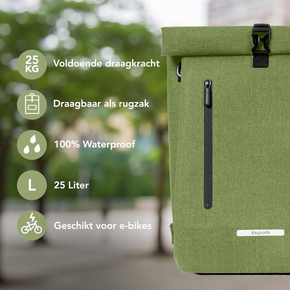 LifeGoods Single Bicycle Bag - Kompakt - Umhängetasche und Rucksack - 25L - Runder Gepäckträger - Wasserdicht - Olivgrün