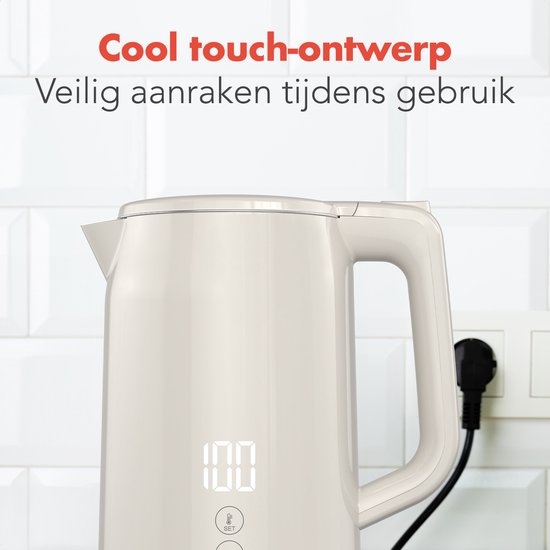 KitchenBrothers Wasserkocher - 1.7L - Mit Temperaturregelung - Elektrisch - Warmhaltefunktion - Display - Doppelwandig - Cool-touch - 2200W - Beige