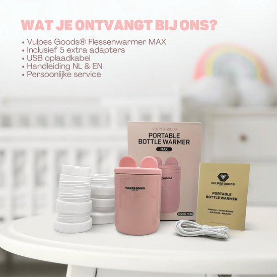 Vulpes Goods® BabyCare Flaschenwärmer On the Go Pro Max - Tragbarer Babyflaschenwärmer - Intelligenter Flaschenwärmer - 4 Temperaturstufen - Kabellos - Rosa