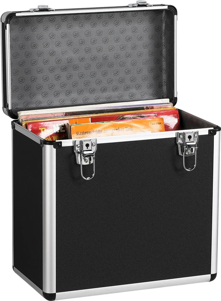 Yaheetech LP-Koffer für 50 Schallplatten – Schwarz – Abschließbarer Schallplattenkoffer mit Tragegriff