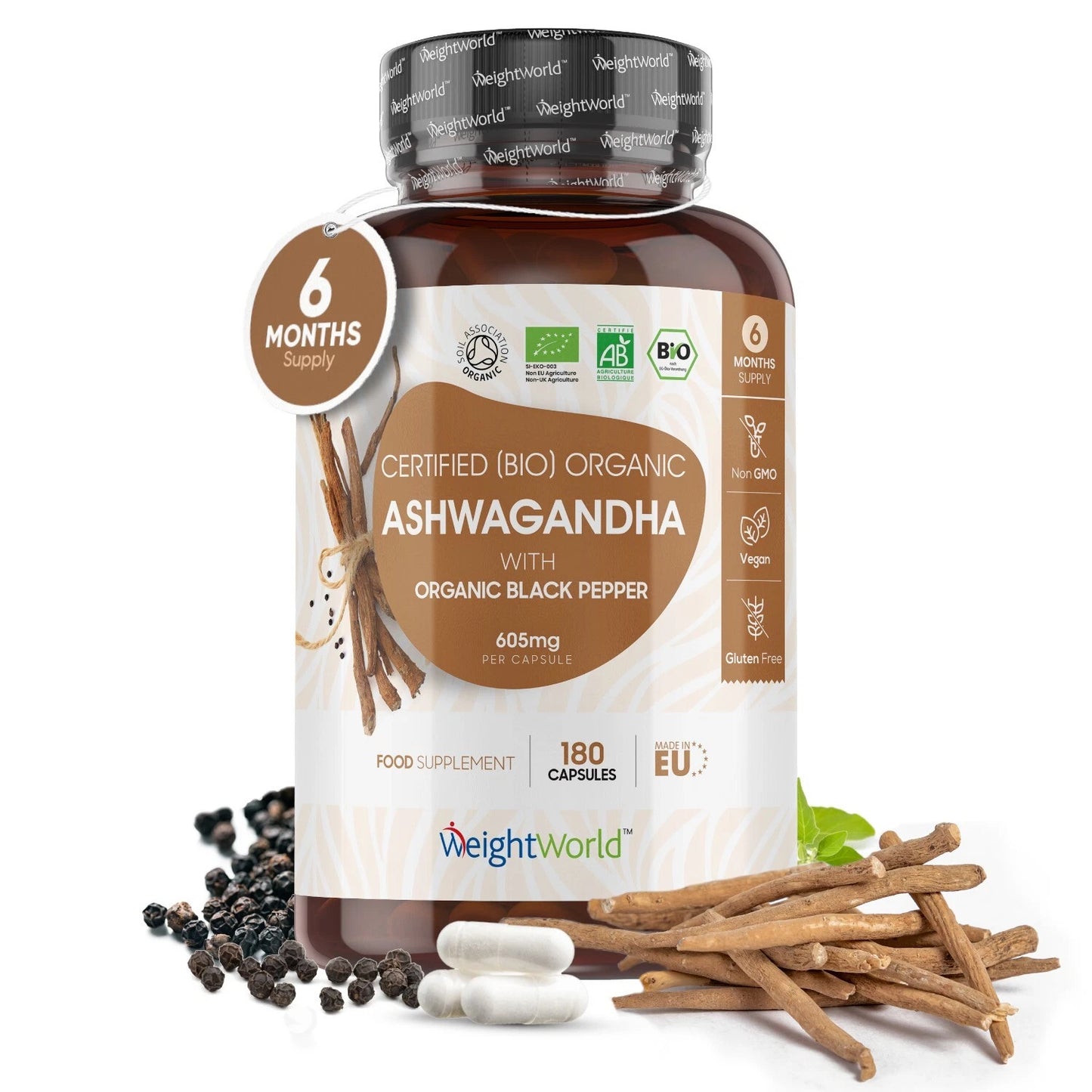 WeightWorld Potent 1200mg Ashwagandha Kapseln - 180 Kapseln, Bio, hohe Dosis, mit schwarzem Pfeffer,