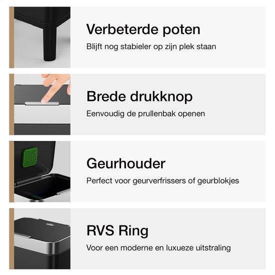 Loftey Mülleimer 60 Liter - Push/touch Mülleimer - Duo Mülleimer mit Inneneimer - Mülleimer 2 Fächer - Mülltrennung 2x30L - Küche - Schwarz/RVS