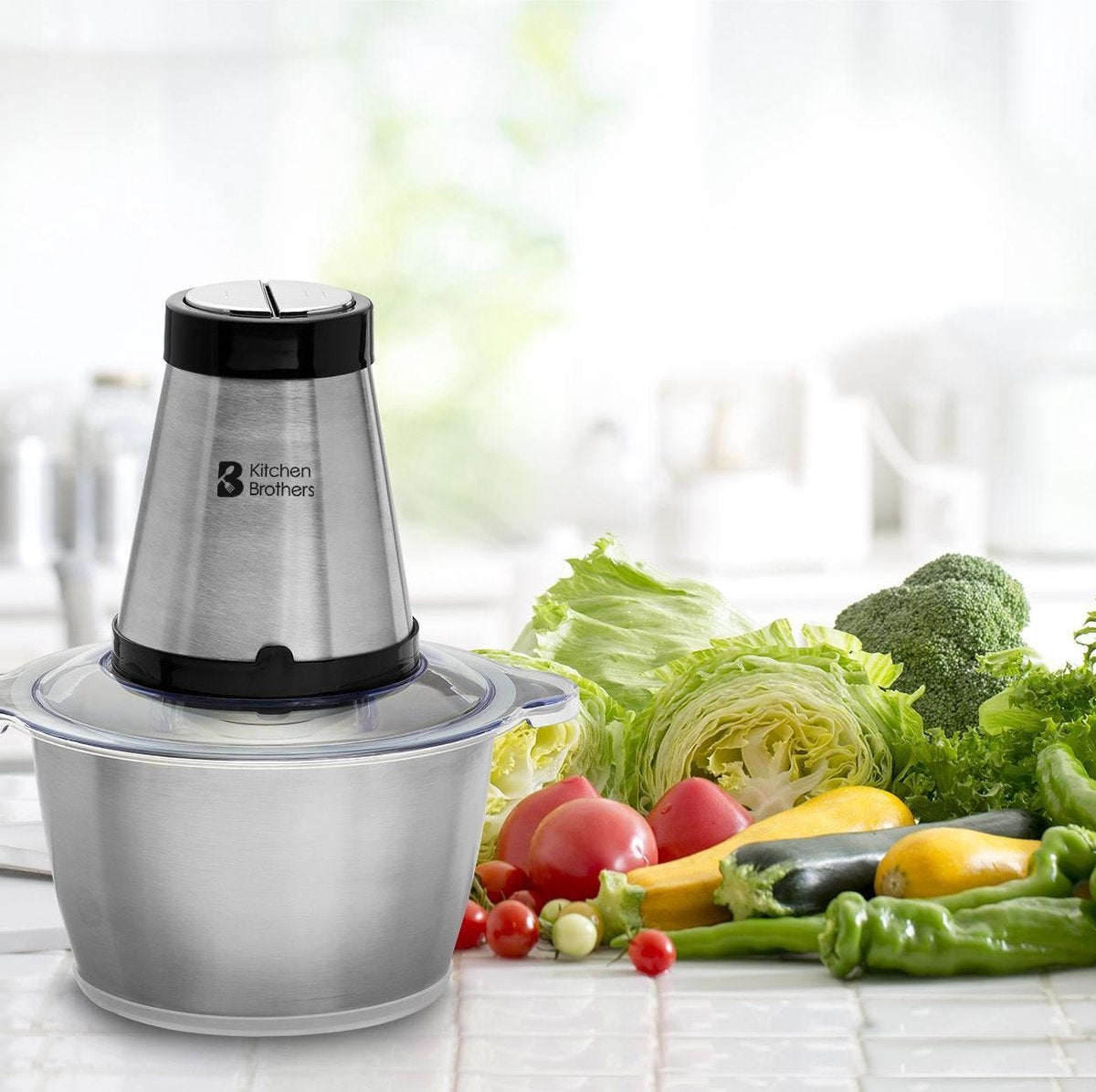 KitchenBrothers Zerkleinerer - Lebensmittelzerkleinerer - Elektrisch - 2 Geschwindigkeiten - 300 W - 1,8 L - Schüssel aus Edelstahl