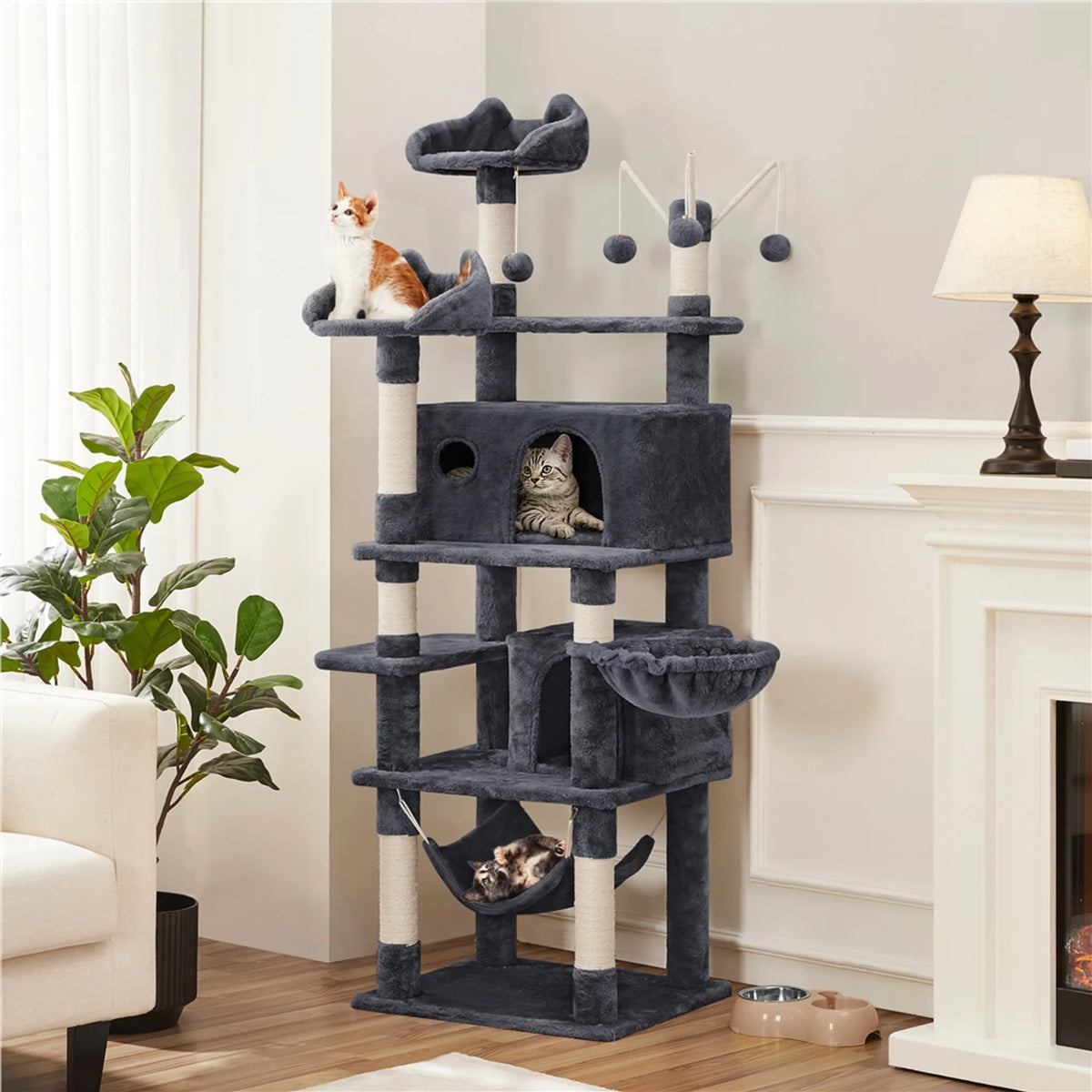 Yaheetech Katzenpfosten XXL mit 2 Aussichtsplattformen - Ausgestattet mit 2 Katzenlöchern und Hängematte und 7 Sisalpfosten - Für Haushalte mit mehreren Katzen - Dunkelgrauer Plüsch und Sisal - 55,5 x 45,5 x 170 cm