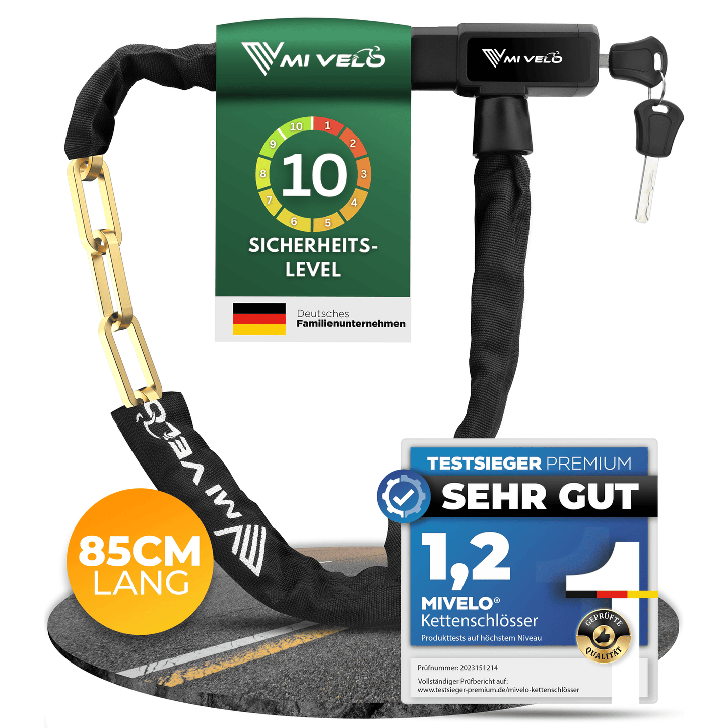 MIVELO Fahrradkette - Mit Schlüsselschloss - 85 cm - Stahl - Schwarz