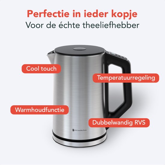KitchenBrothers Wasserkocher - Elektrisch - 1,5L - 2200W - Einstellbare Temperaturregelung - Doppelwandig - Edelstahl-Wasserkocher - Silber