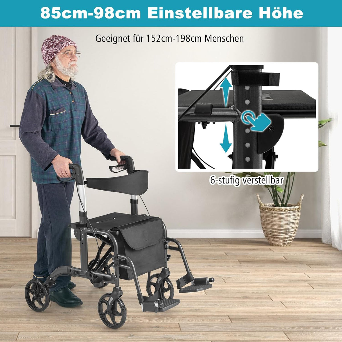Coast Faltbarer Rollator - Multifunktional - Höhenverstellbar - Mit Tasche und Stockhalterung - Schwarz