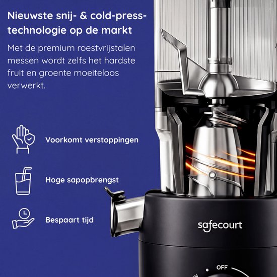 Safecourt Kitchen Slow Juicer XXL - leistungsstarker Motor [Vorschneider & Kaltpress-Technologie] - einfache Reinigung - BPA-frei - Entsafter Schwarz