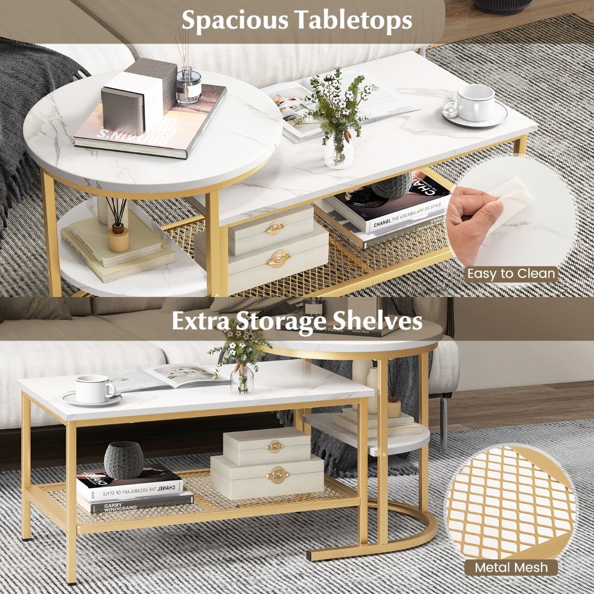 Coast Set aus 2 Beistelltischen – Tischplatte in Marmoroptik – Goldfarbenes Metallgestell – Rund und rechteckig