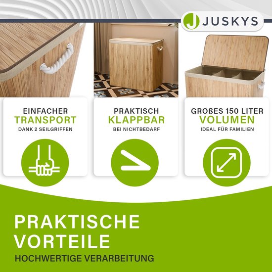 Juskys Bambus-Wäschekorb Curly Natural 150L - Hygienischer Wäschekorb mit Deckel, Tragegriff & Wäschesack - 3 Fächer - Natürliche Bambusoptik