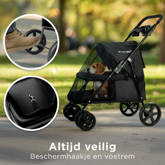 Trevopet® Hundebuggy zusammenklappbar - Kinderwagen - Buggy für kleine und mittelgroße Hunde bis 15 kg - wasserfest mit Becherhalterung - Schwarz