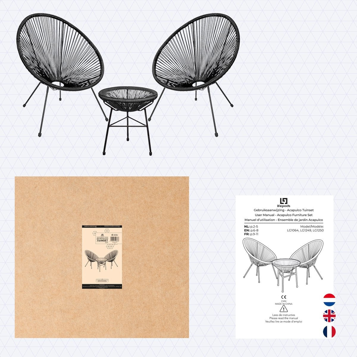 LifeGoods - Acapulco Bistro Set - 3-tlg. - Gartenset mit Beistelltisch - Schwarz