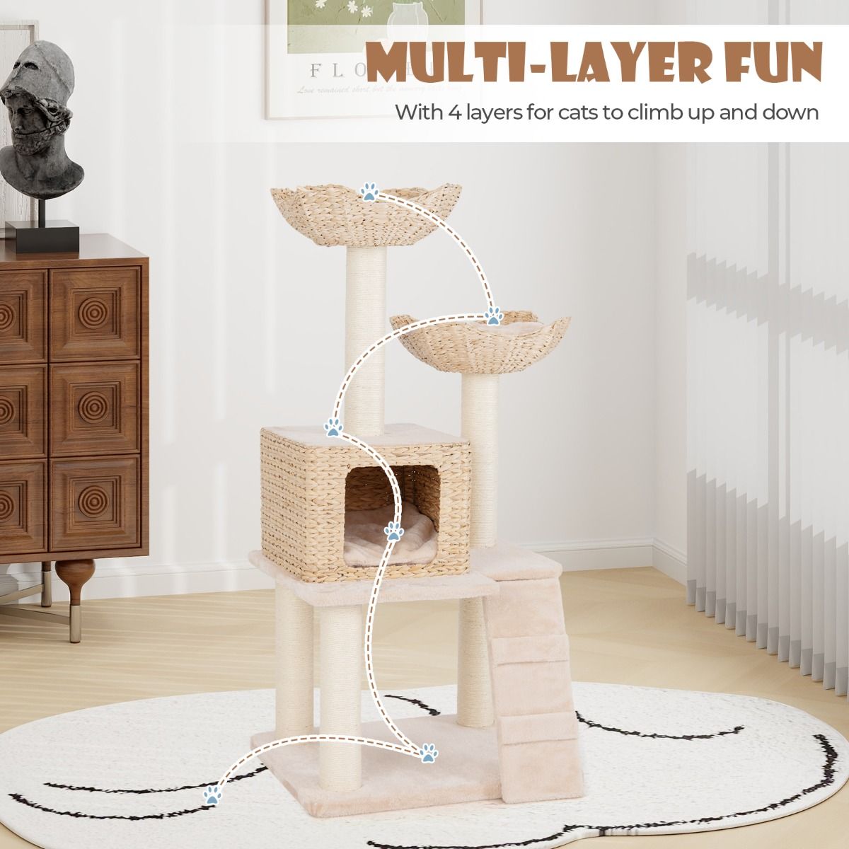 Coast Kratzbaum für Katzen – 4 Ebenen – Sisal-Kratzbäume – waschbare Kissen – beige 122 cm