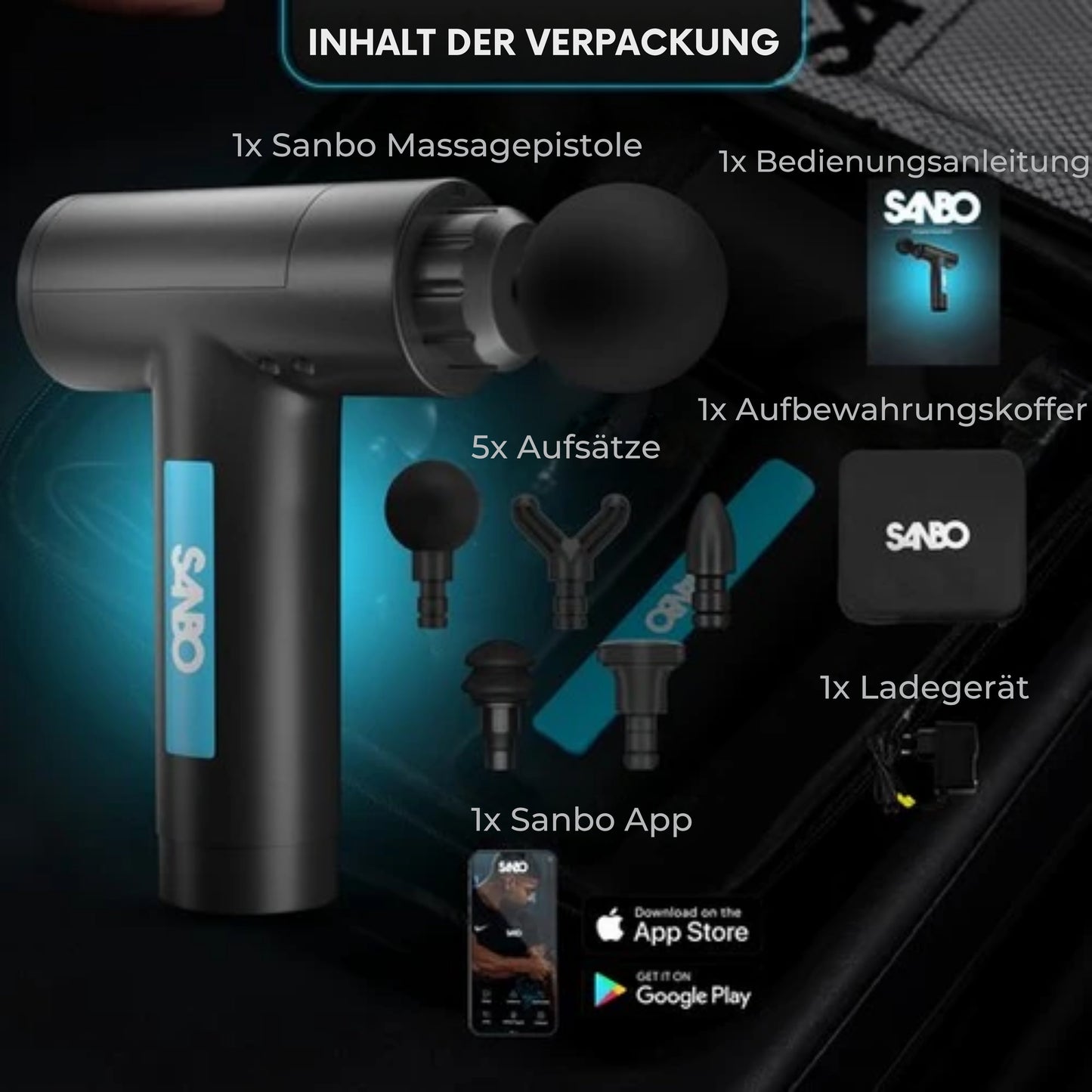 Sanbo Massage Gun Prime - Sport- und Entspannungsmassage - Profi - Inklusive Etui & App - Massagegerät - Fitness - Schwarz/Blau