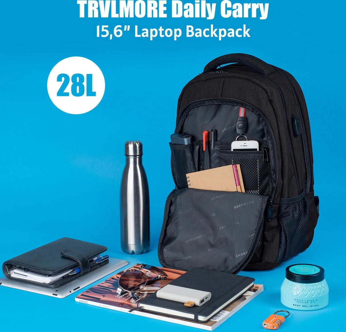 TRVLMORE Rucksack - 28L - 15.6 Zoll - Laptop-Rucksack - Schultasche - Unisex - Spritzwassergeschützt Schwarz