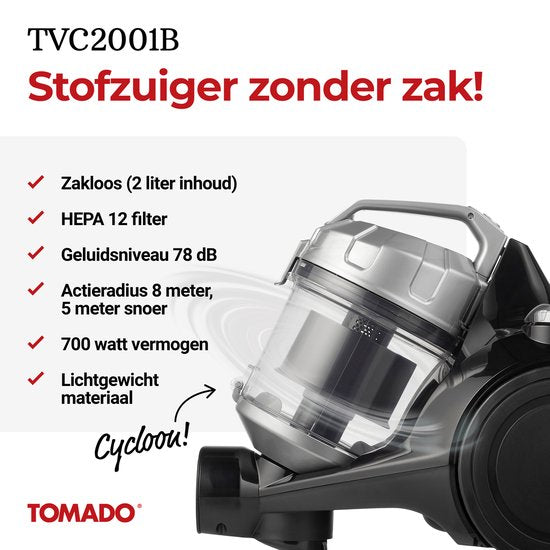Tomado TVC2001B - Beutelloser Staubsauger - 2 Liter - Beutellos - HEPA 12-Filter - Leichtgewicht - Schwarz