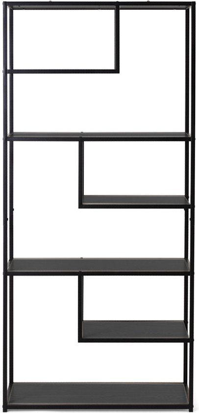 Lifa Living - Offener Wandschrank Saint-Tropez - Schwarz - MDF & Metall - 7 Einlegeböden - Kapazität 55 kg - Funktional & stilvoll - Asymmetrisches Design - 82 x 34 x 175 cm