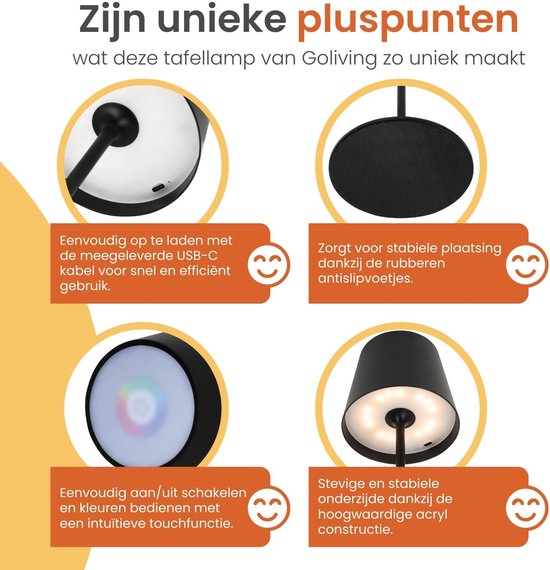 Goliving Chroma Tischlampe Wiederaufladbar - Kabellos und dimmbar - Touch Lampe - Nachtlampe Schlafzimmer & Wohnzimmer - RGBW - 37,5 cm - Schwarz