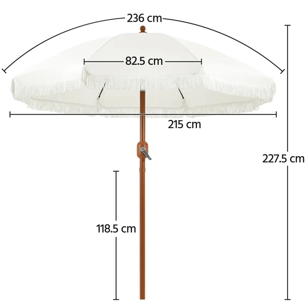 Yaheetech Sonnenschirm - Mit Fransen - Kippbar - Mit Kurbel - Ø215 cm - Cremeweiß - Retro Design