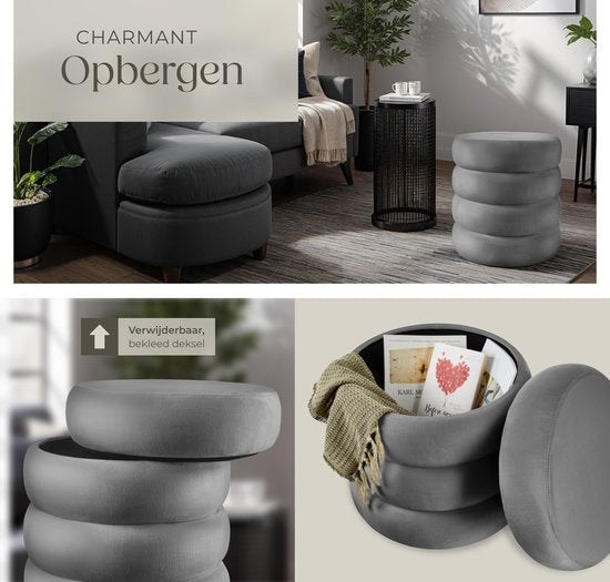 tectake® Hocker mit Ablage - Scandi Hocker Samtstoff - Runder gepolsterter Hocker für Frisiertisch, Schlafzimmer, Wohnzimmer oder als Flurmöbel - Ablagehocker - grau