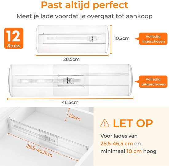Posity Schubladenteiler - Verstellbar & ausziehbar - 12 Stück - Schubladenorganisation - Für Küche, Schlafzimmer & Kleidung - Kunststoff - Transparent