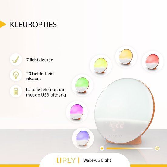 UPLY Wake Up Light - Mit USB-Ladestation - Lichtwecker - Radiowecker - 2 Weckzeiten - 7 Farben