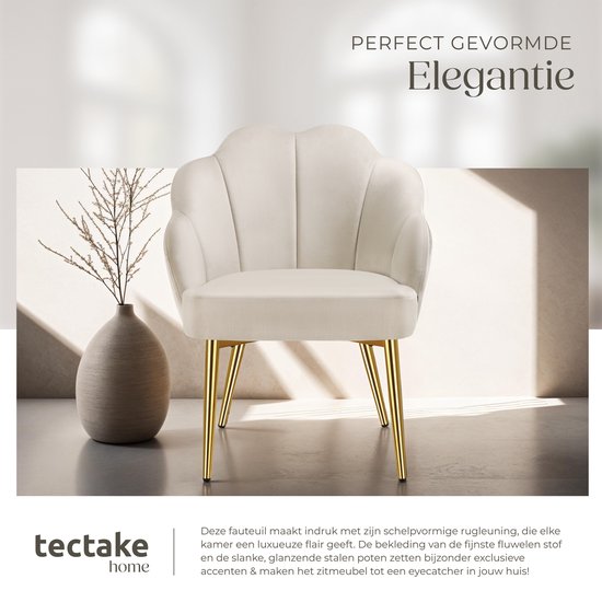 tectake Cocktailsessel - Gepolstert mit Samtbezug - Weich gepolstert - Geschwungene Rückenlehne - Beine aus pulverbeschichtetem Stahl - Creme/Gold
