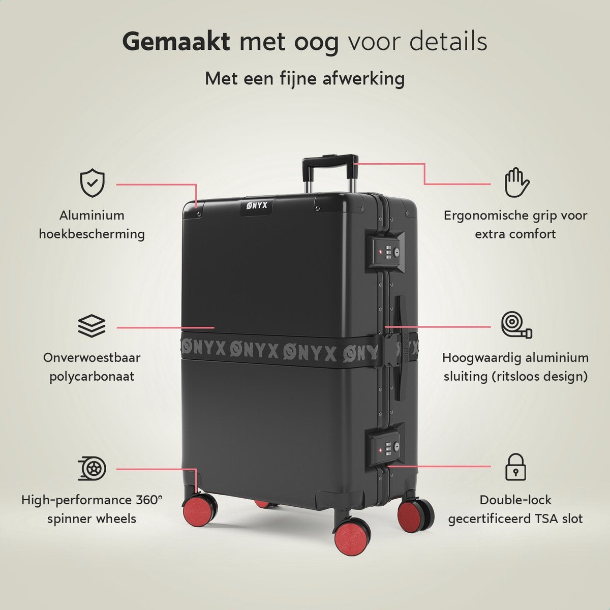ONYXÂ® Check-in-Koffer 65L - TSA-Schloss - Spinner-Räder - leichter Trolley - Aluminium-Verschluss - Schwarz