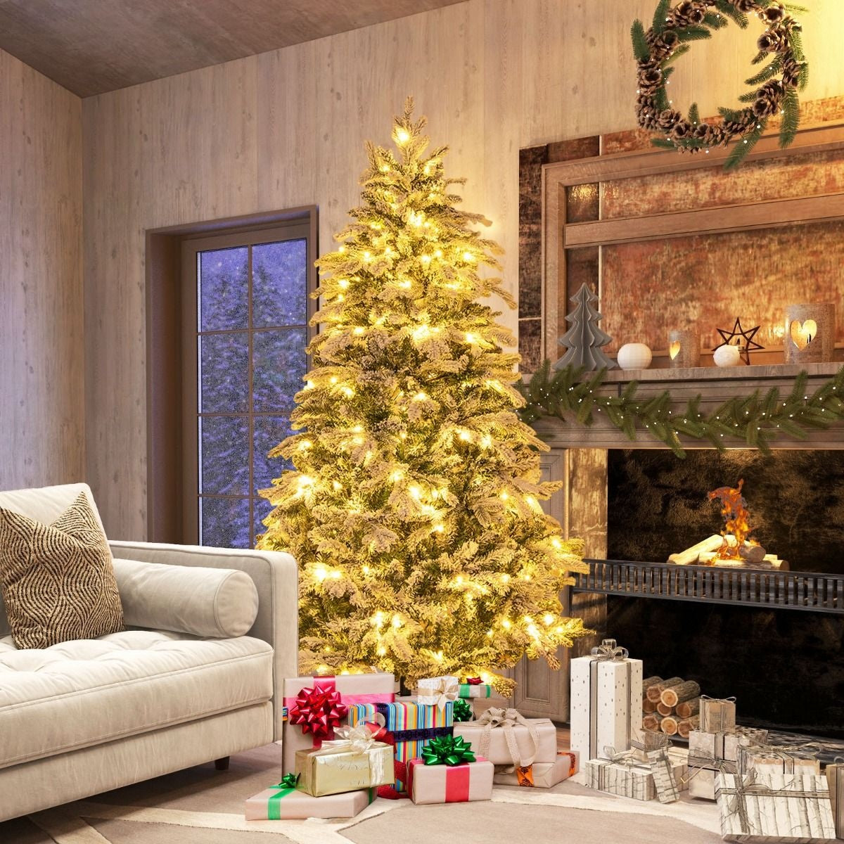 180 cm großer künstlicher Weihnachtsbaum Beflockter Weihnachtsbaum mit 1415 Zweigspitzen 260 warmweiße LED-Lichter Beleuchteter Weihnachtsbaum Weiß + Grün