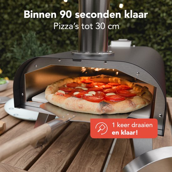KitchenBrothers Pizzaofen - Holzbefeuert - Tischmodell - Zusammenklappbar - PFAS-frei - Pizzastein - bis zu 460°C - Pizzabäcker - Komplettset - Pizzaofen für draußen - Schwarz/RVS