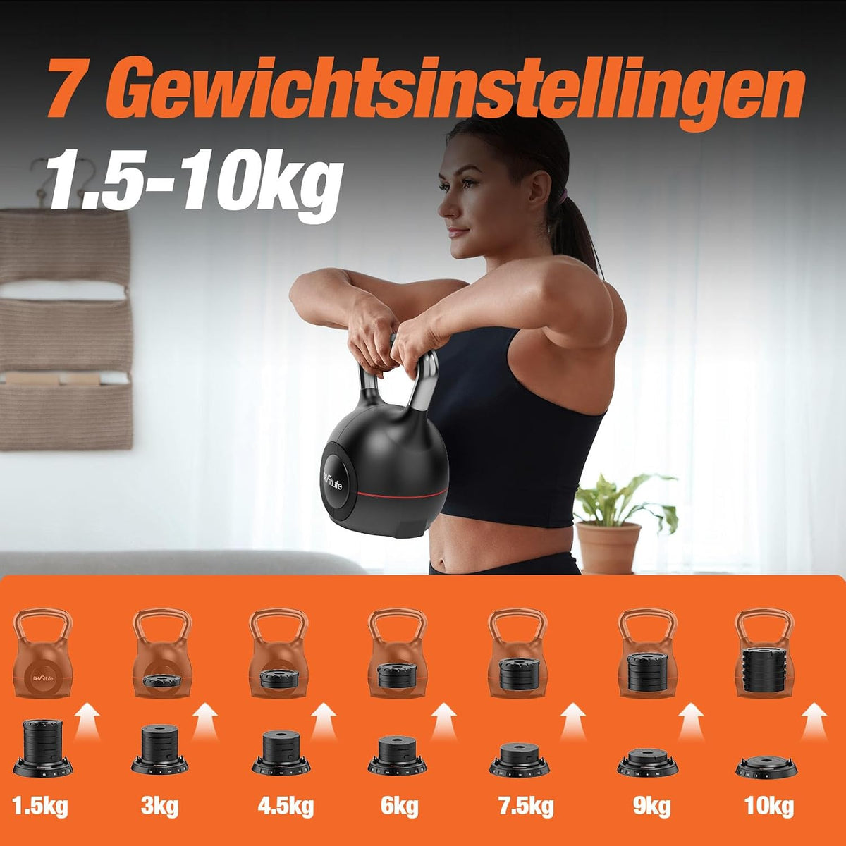 DH FitLife Verstellbare 7-in-1-Kettlebell – 1,5 bis 10 kg – 7 Gewichtsstufen – 20 x 20 x 30 cm – Schwarz