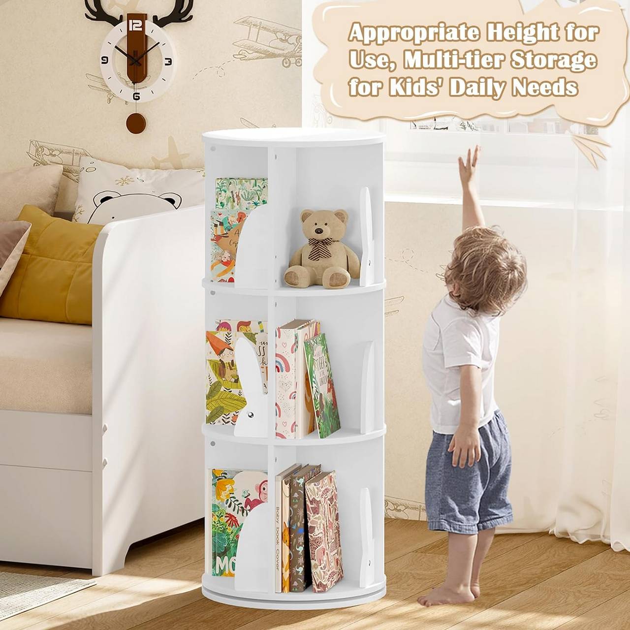 Woltu Kinderbücherschrank – drehbar – 3 Ebenen – 40 x 97 cm – 30 kg – Weiß