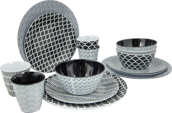 Bo-Camp – Geschirr – Mix & Match – 16-teilig – Schwarz/Weiß